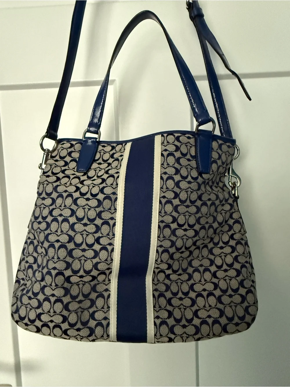 Coach Blue and Tan Signature Stripe Shoulder Bag